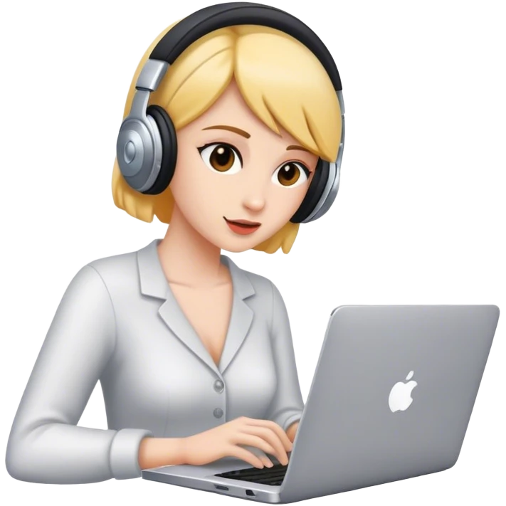 a woman working with laptop listening to music emoji