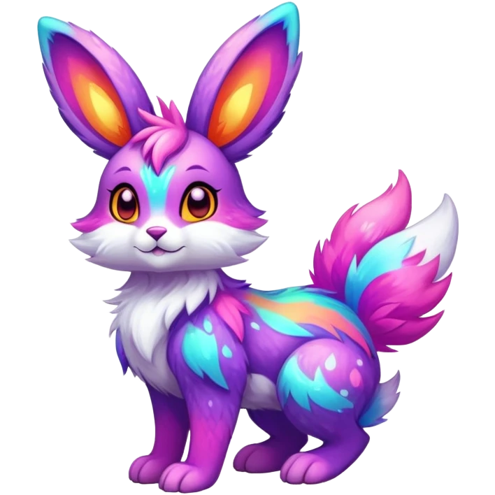 Vibrant multicolored neon-colored Falvie-Fionbri-creature-sparkle-bunny-hybrid-fursona, full body, fur pattern-markings emoji