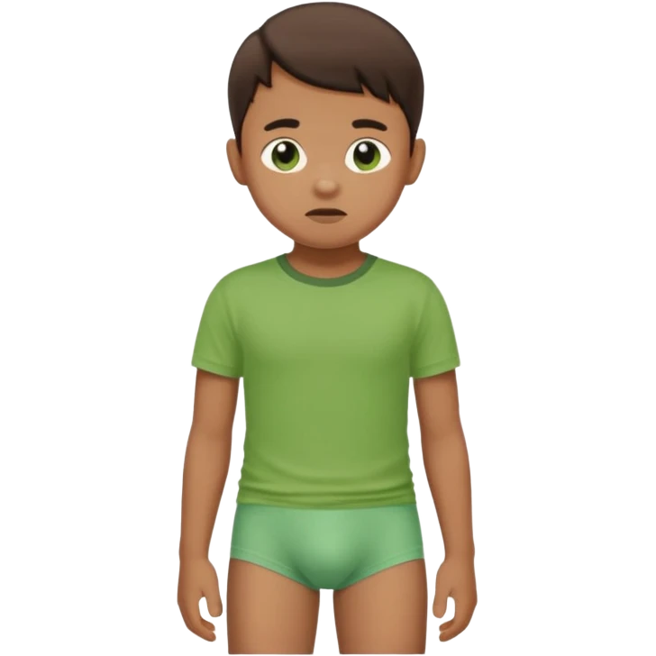 A kid wearing a poopy underwear with a green t-shirt emoji