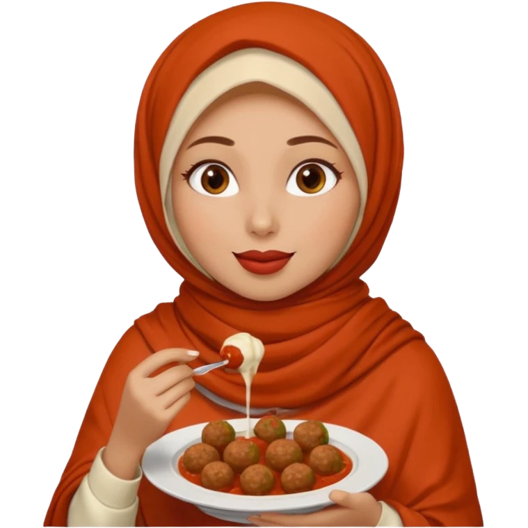 woman wearing a cream colored pashmina hijab eating meatballs emoji