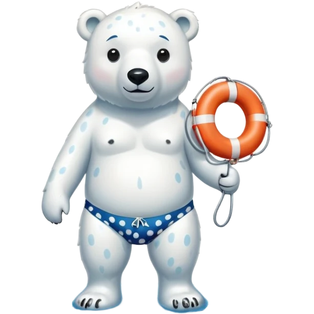 full body friendly anthropomorphised polar bear wearing polka dot swim shorts and swim goggles, standing in a puddle and holding a life buoy emoji