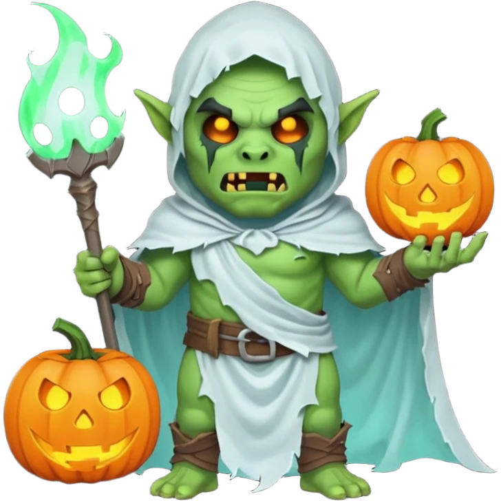 male orc warrior ghost emoji, green skin, tusks, wearing torn white ghost sheet costume, holding glowing jack-o'-lantern, faint blue aura, friendly but spooky expression, Halloween fantasy theme, Apple emoji style, clean white background, square emoji