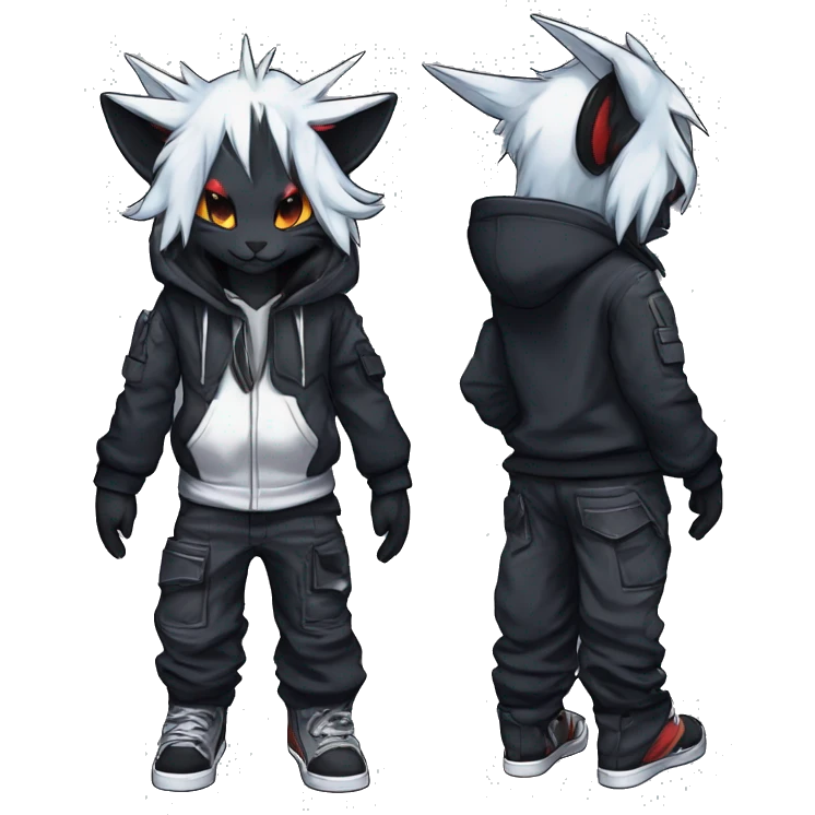 Cool Dark Anthro Chibi Absol-Noivern-Litten-Lynx-Pokémon with edgy stripes hoodie spiked collar punk techwear Cargo Pants Full Body emoji