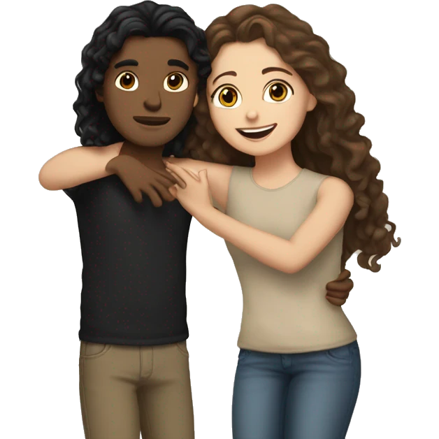 Make a white girl with black long and straight hair hugging a tan boy with brown curly hair emoji