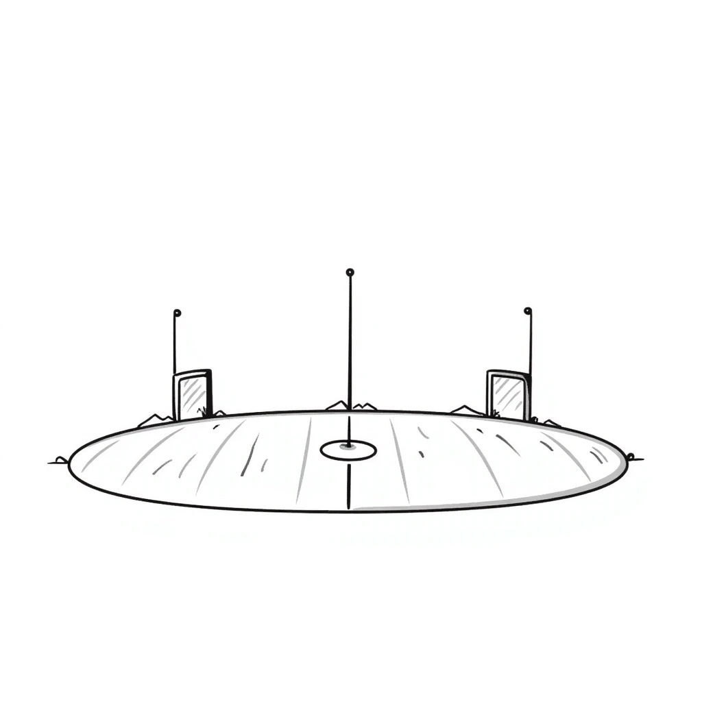 a hand-drawn quidditch field with three tall goal posts on each end, an oval sports field from Harry Potter emoji