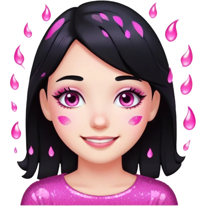 smiling girl with black hair, pink glitter tears, no heart eyes emoji