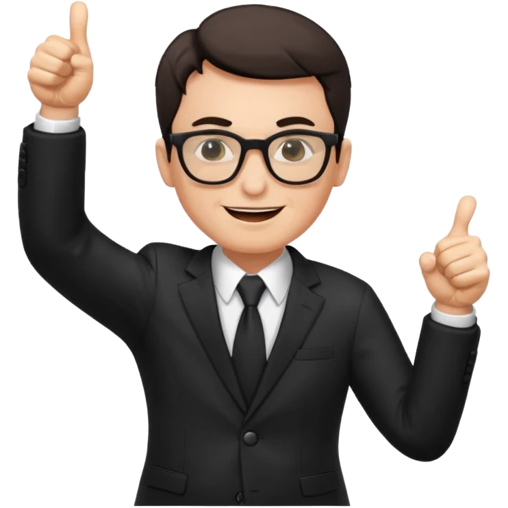 un PROFESOR con terno negro que este parado con sus lentes guiñando el ojo y CON LAS MANOS HACIA ARRIBA DANDO LIKE emoji