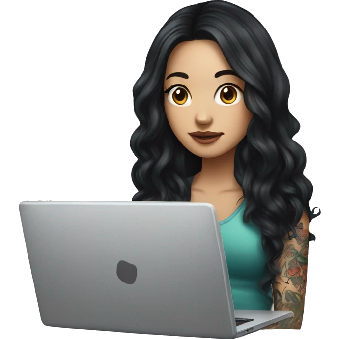 beautiful girl with tattoos, with long black hair, wavy hair, chinese, with laptop emoji