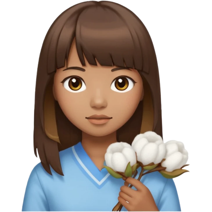 Sorta Chinese dark tan girl with straight brown hair with highlights and bangs holding cotton emoji