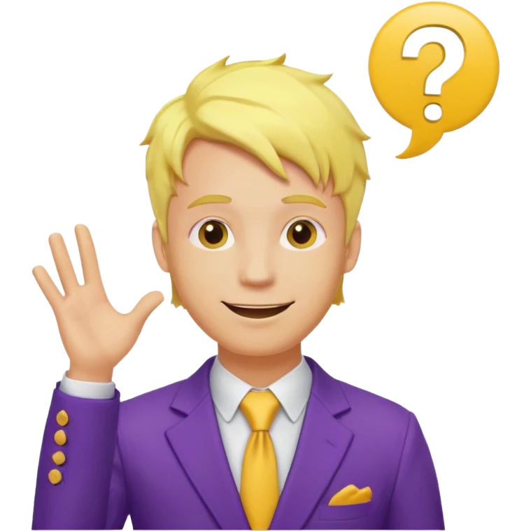 make his skin and hair yellow, he's smirking and looking in the left corner, add question marks abobe his head emoji