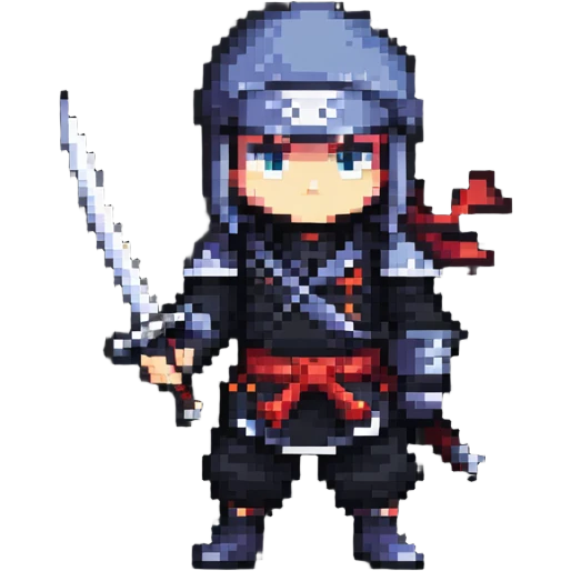 Pixel art anime ninja character with sword emoji