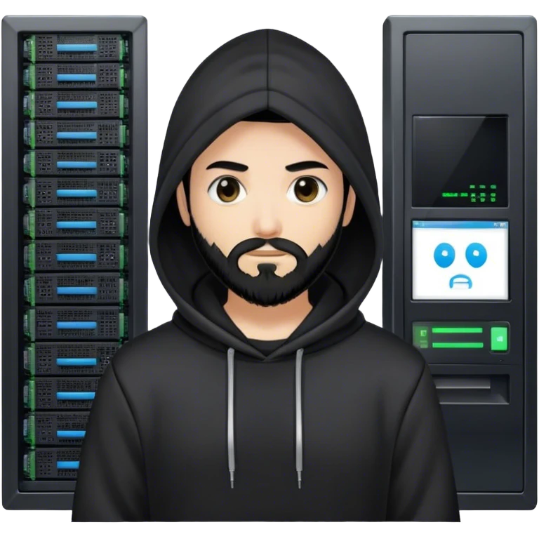 hackeur blanc cheveux noir barbe et capuche noir à côté d'un server ia emoji