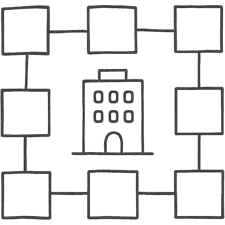 Matrix structure with a company icon in the center, hand-drawn and playful emoji