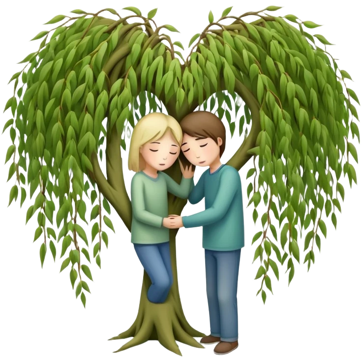 heart-shaped weeping willow tree with two people inside giving each other a comforting, caring, supportive hug, not romantic, with a small heart above them emoji