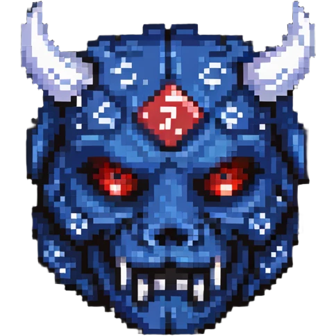 oni mask with a D20 dice emoji