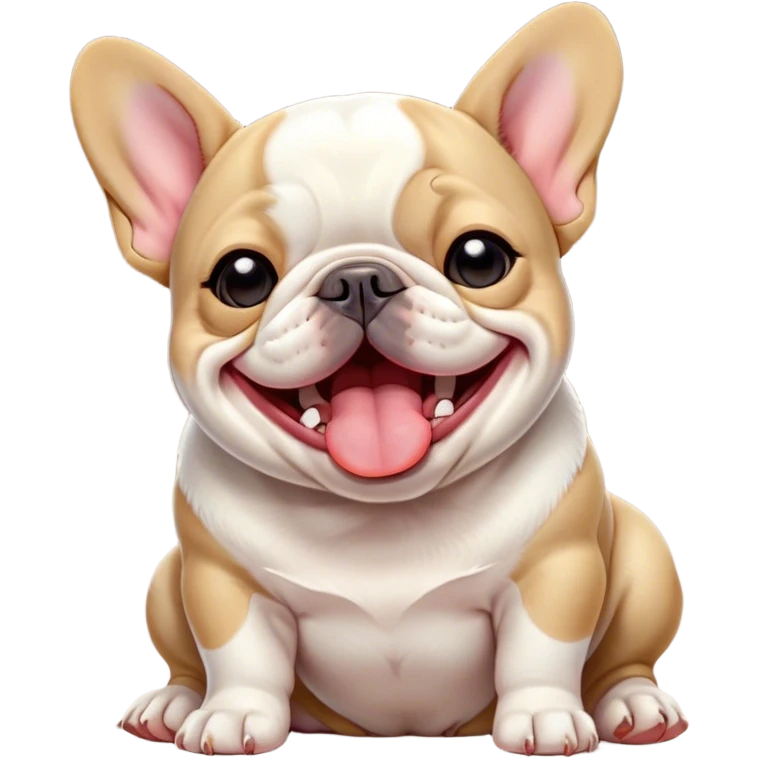 Cinematic Cute Yawning Pied French Bulldog Portrait Emoji, Head tilted with an exaggerated, endearing yawn and sleepy, squinty eyes, showcasing a unique pied fur of contrasting colors with a playful expression, simplified yet irresistibly adorable, highly detailed, glowing with a soft, cozy radiance, high shine, exuding a relaxed, humorous charm, styled with a gentle, soft glowing outline, capturing the essence of a Pied French Bulldog in a blissfully cute yawn that warms the heart! emoji