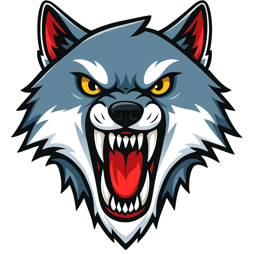Make the wolf teeth much sharper, same style as original sticker style. The original sticker style does not support editing, so use a general style that respects the cartoonish sticker look while sharpening the wolf teeth. emoji