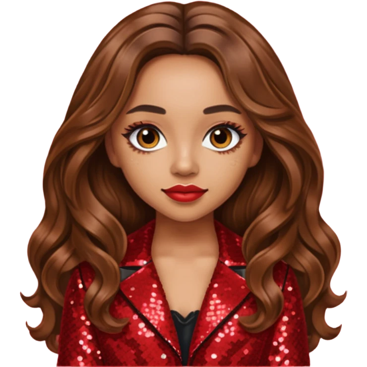 Jade Thirlwall from Little Mix with long brown hair, red sequin outfit emoji