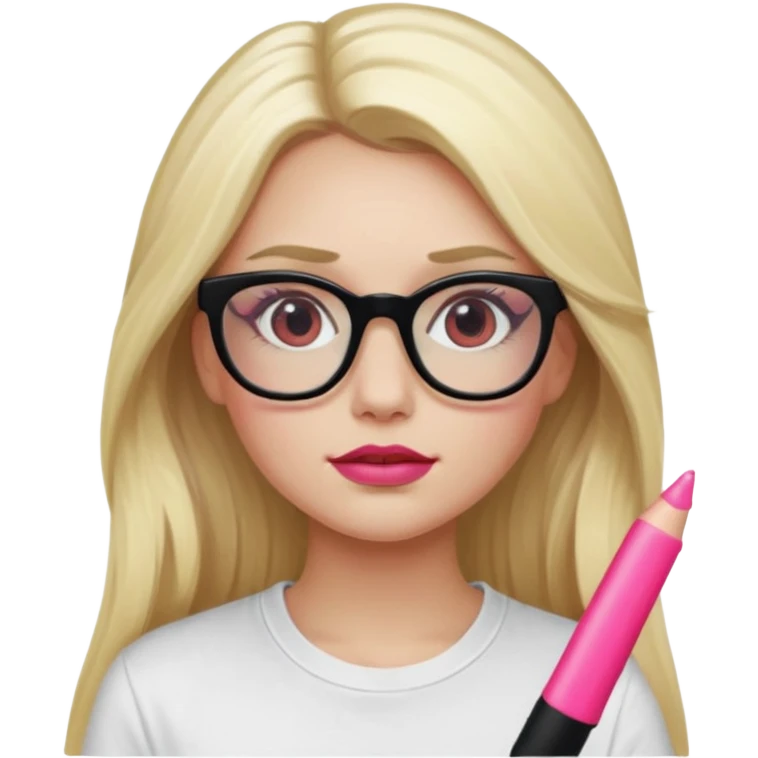 A blonde woman, long hair and long eye lashes, red blushes and little pink lip and highlighter, black glasses, white tshirt emoji