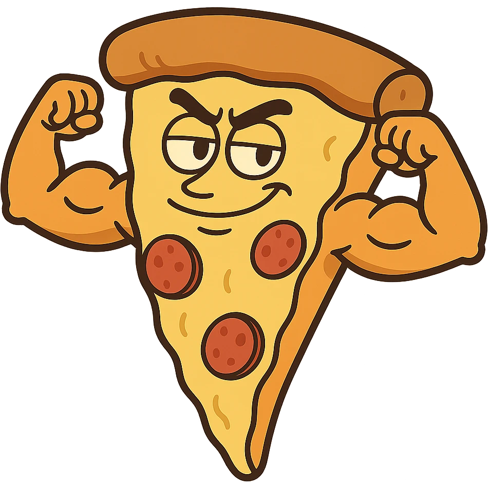 slice of pizza with exaggerated biceps, confident pose, vibrant colors emoji