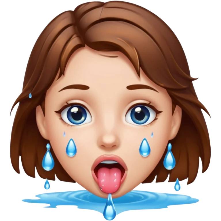 Girl with brown hair, blue eyes, a wet face and her tongue out. Can you make her face more wet? Can you add clear water droplets on her face and tongue? emoji