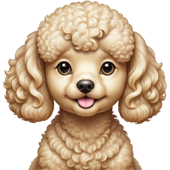 Cinematic Cute Cream Poodle Portrait Emoji, Head tilted playfully and inquisitively, showcasing a bouncy, curly cream Fur with a luminous sheen, round, sparkling warm eyes filled with curiosity, Simplified yet irresistibly adorable features, highly detailed, glowing with a warm, friendly glow, high shine, affectionate and lively, stylized with a touch of whimsy, bright and endearing, soft glowing outline, capturing the essence of a mischievous yet loving companion, so playful it feels like it could bounce out of the screen and into your arms! emoji