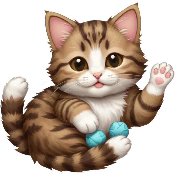 dark brown tabby and white kitten with his eyes closed whilst in funny positions stretched out and  upside down emoji