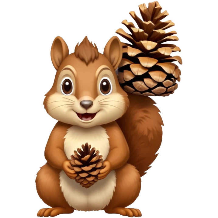 A greedy squirrel with a large pine cone balanced on its head, making a weird facial expression, wide eyes, and mischievous grin emoji