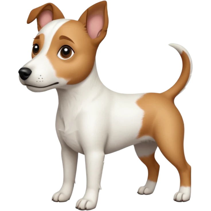 a full body white jack russel looking dog the size of a kelpie with light brown ears and a light brown patch on one eye, flopped down ears and a large snout emoji