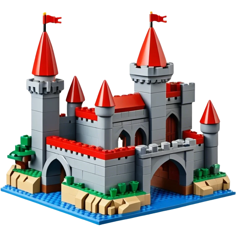 A photorealistic icon featuring a large medieval castle built from LEGO bricks, with detailed textures of the bricks, turrets, and drawbridge. The design captures the creativity and intricacy of LEGO construction with vibrant colors and realistic lighting. Transparent background emoji