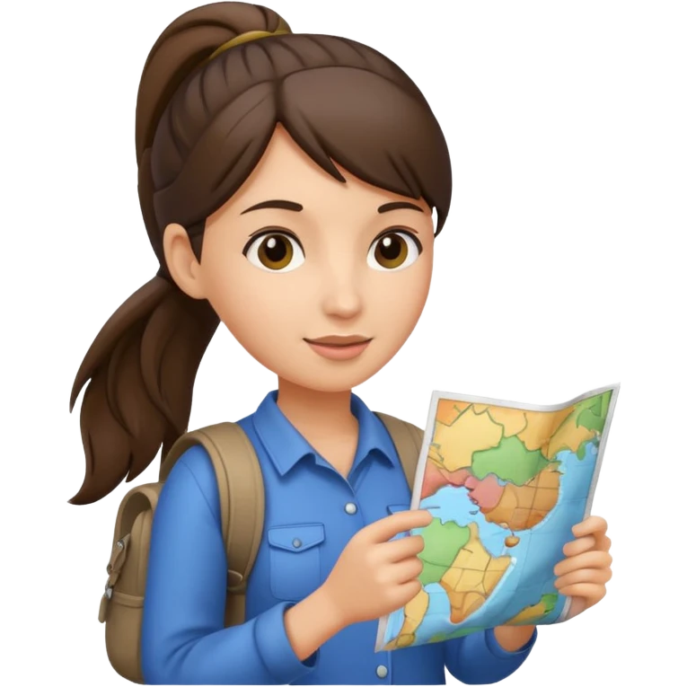 tourist brunette woman with ponytail holding map emoji