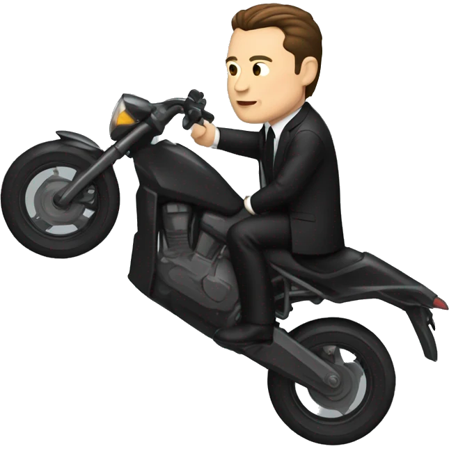 Create an iOS emoji of Elon Musk dressed in a black suit, riding a motorcycle. The character should resemble an action hero style, with a determined expression. Use a clean, minimalistic design to keep it simple and icon-like. emoji