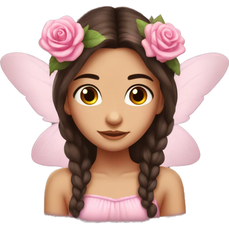 Beautiful, rose, fairy, pink, flowers in hair, long dark brown hair, big wings, fair skin emoji