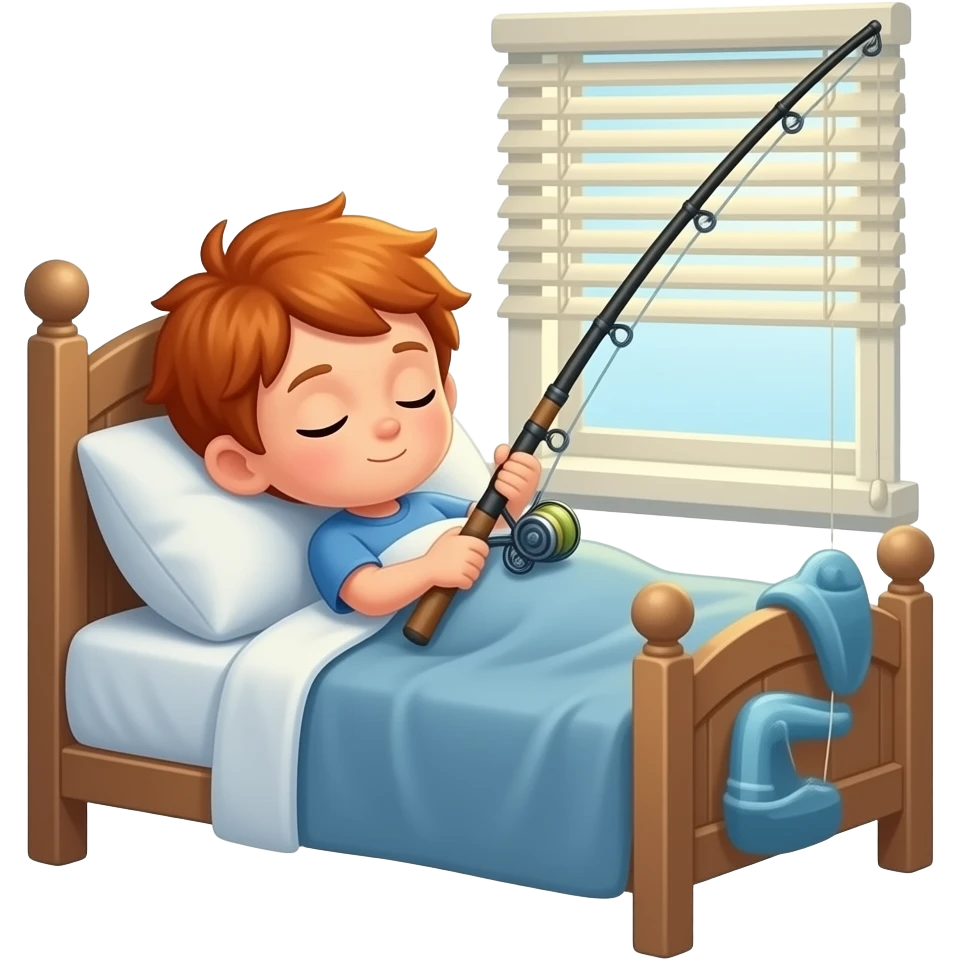 A red head kid sleeping in bed with a fishing rod emoji