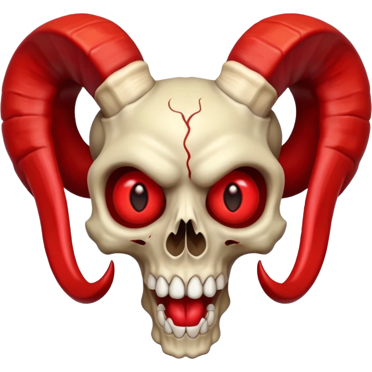 Ram-horned skull with red eyes and a wide, exaggerated mouth, bold, cartoonish, expressive, fully inside the image borders, apple emoji style emoji