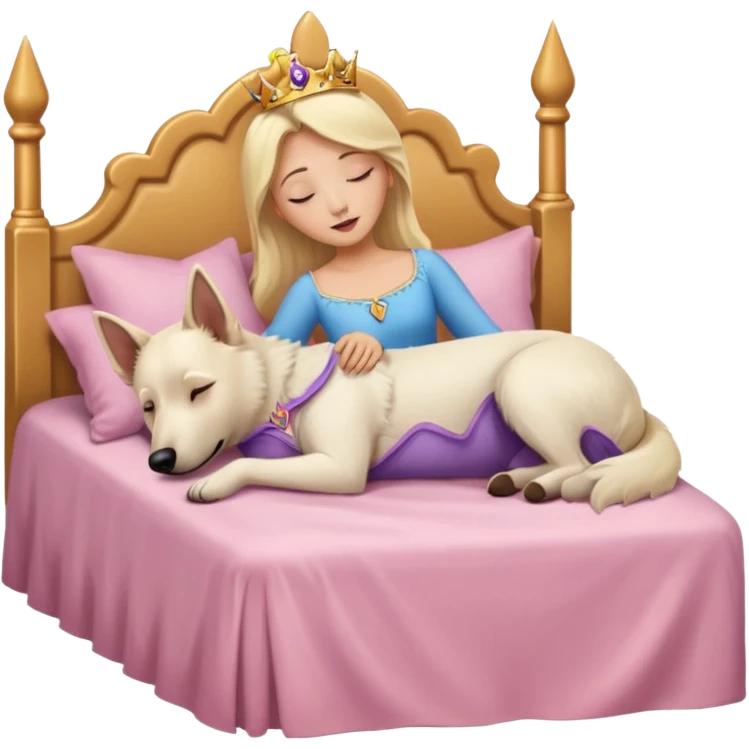 White Belgian shepherd dog with Brown eyes sleeping On a Princessbed with a blonde lady with blonde hair emoji