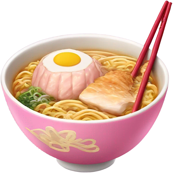 traditional ramen, pink and gold bowl, gold chopsticks and a chicken insiste emoji