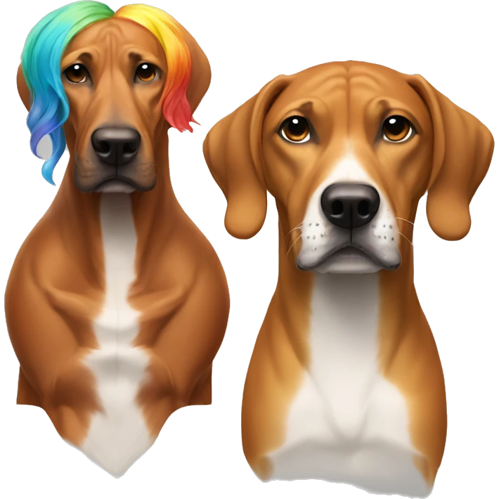 white man with long rainbow colored hair and twisted mustache next to a brown rhodesian ridgeback emoji