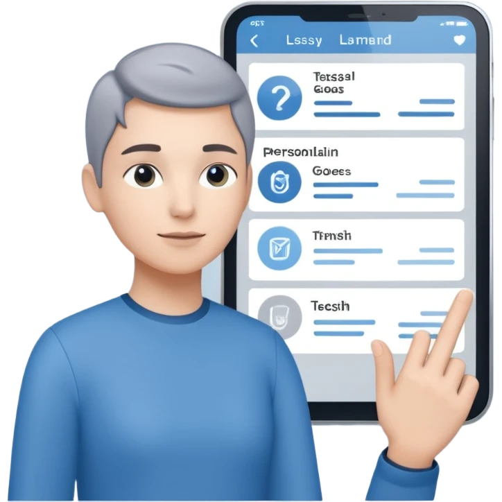 Create an image of an AI coach helping people set goals based on their hobbies. Show a person chatting with the AI, where the screen displays a list of steps and goals. Add elements of progress and personalization. Use a color palette that is associated with technology and innovation. emoji