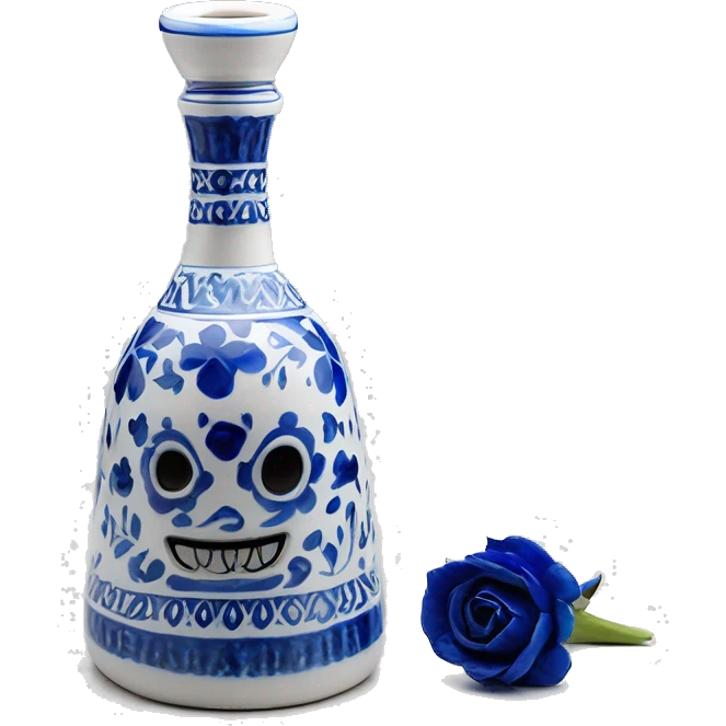 The Clase Azul Tequila bottle is tall and hourglass-shaped, with a wide base that tapers towards the neck. Its white ceramic body is decorated with cobalt blue floral designs, and it’s topped with a complete gray, bell-shaped stopper that curves inward  emoji