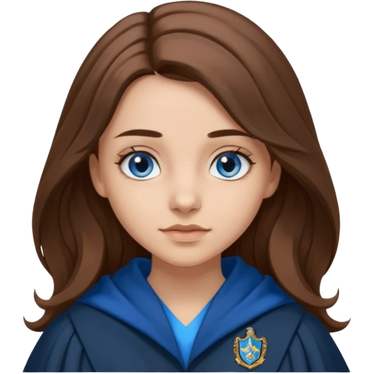 gorgeous Girl with light skin, blue eyes, long brown hair, wears ravenclaw black and blue robes  emoji