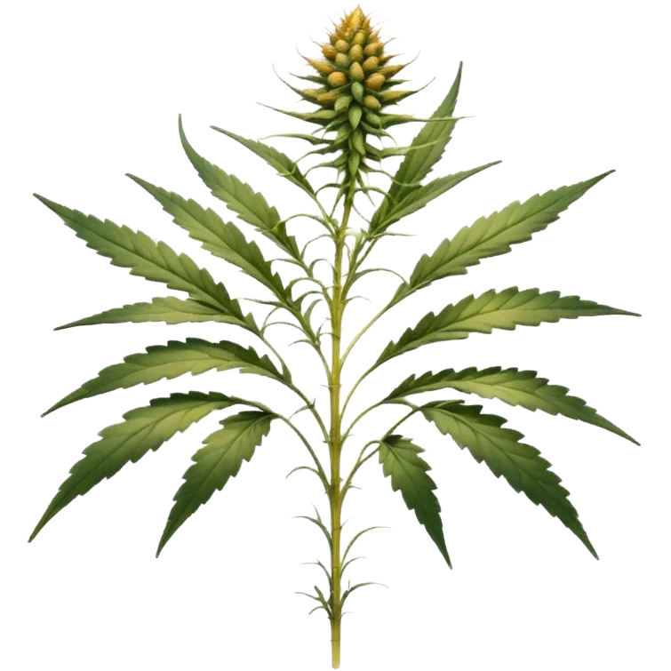 small cannabis plant at late harvest stage, modestly sized, uneven growth structure, thin branches supporting medium size female buds, leaves showing natural discoloration in shades of yellow and green, clearly visible trichomes with amber hues, resin-coated buds ready for harvest emoji