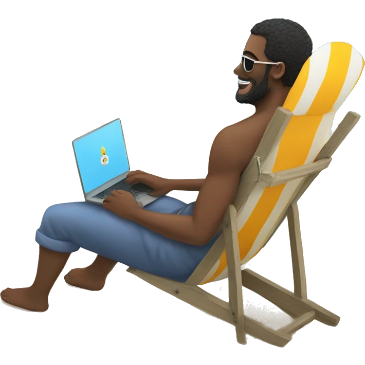 Man on deck chair with laptop on his knees, beach emoji