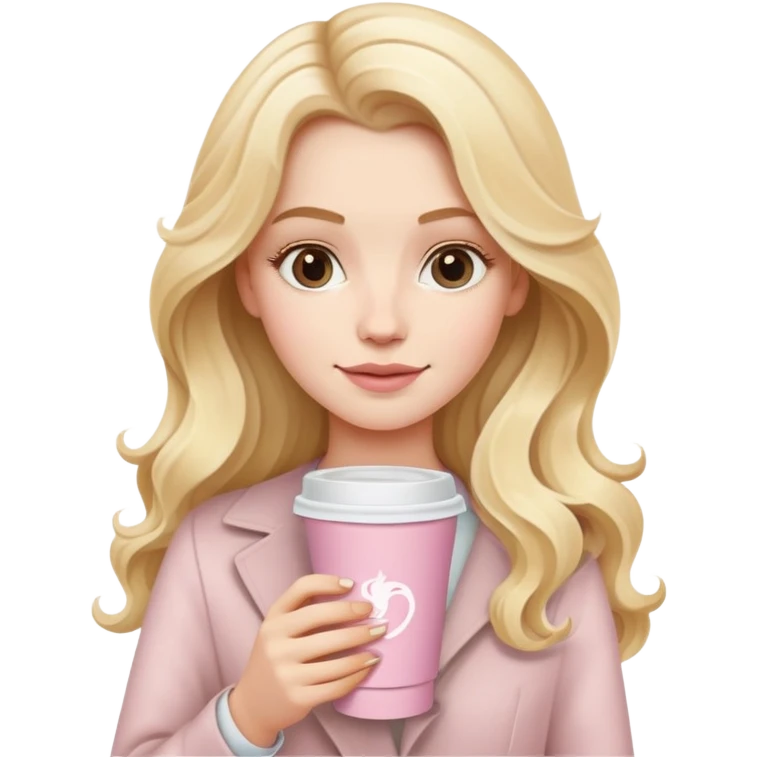 A white girl with long blonde wave hair and a pale pink paper cup of coffee emoji