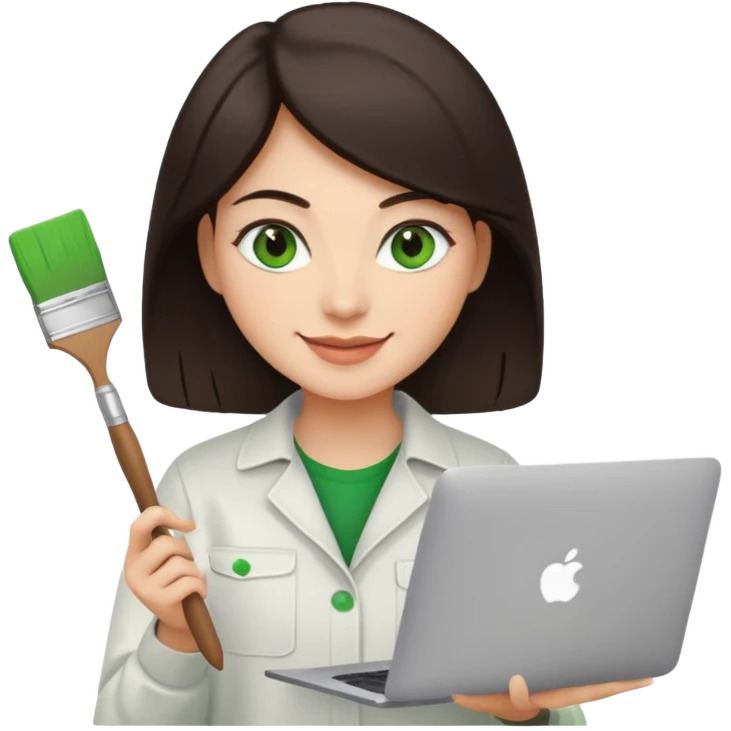 happy Graphic designer whit a MacBook, him eyes green color and dark brown hair, he is paint artist emoji