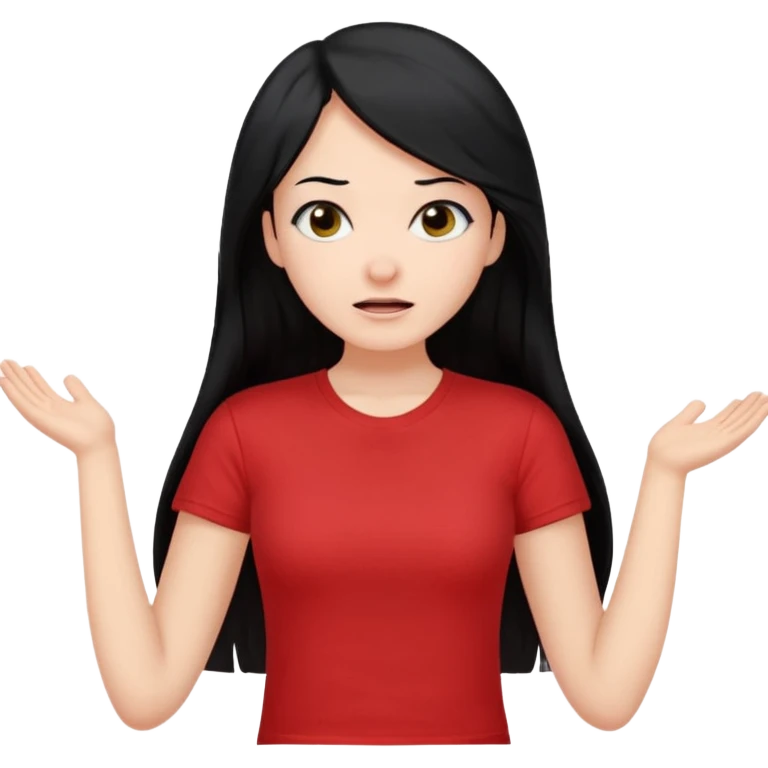 빨간색 티셔츠를 입고 긴 검정머리를 가진 여성이 모르겠다는 듯이 어깨를 올리고 고개를 살짝 왼쪽으로하고  제스처를 하고있음 🤷🏻‍♀️ emoji