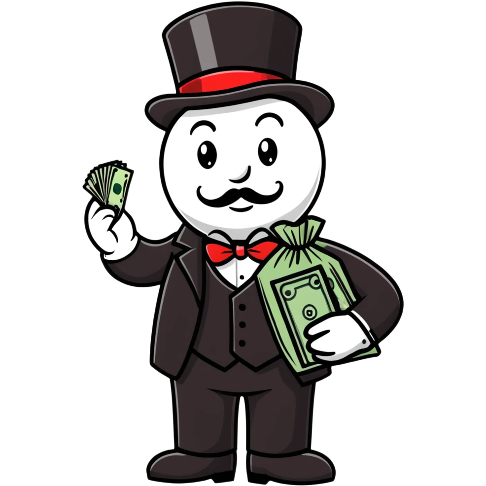 Rich Uncle Pennybags with money bag, monopoly mascot emoji