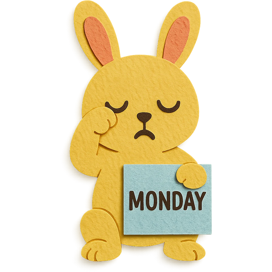 yellow bunny holding Monday memo while rubbing eyes, paper craft style, textured paper look emoji