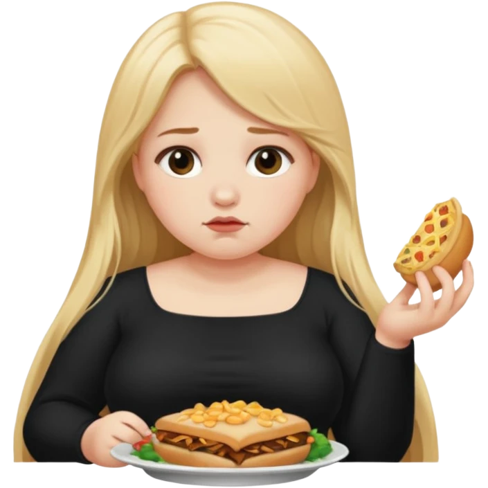 Девушка со светлыми длинными волосами толстая сидит грустная за столом и ест много еды emoji