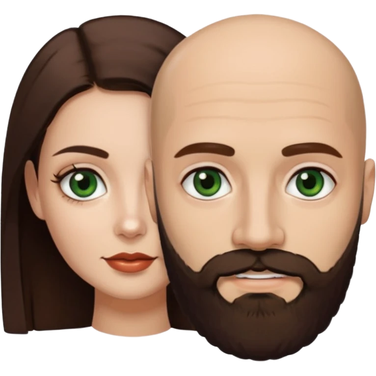 Man beard bald white dark green eyes, woman medium hair brown brown eyed latina they have different eye color man dark green woman dark brown emoji